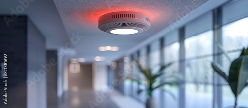 Modern ceiling mounted smoke detector in a bright office hallway during daytime