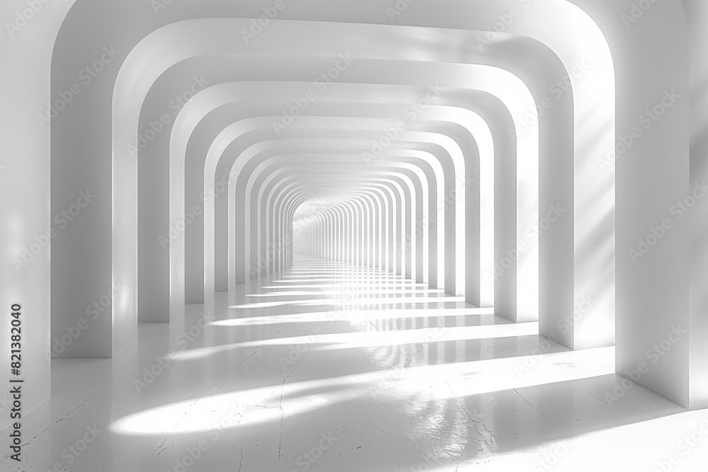 Naklejka premium A long, narrow hallway with white walls and a white ceiling. The hallway is empty and the only light source is coming from the sun. The hallway appears to be a part of a building or a large room