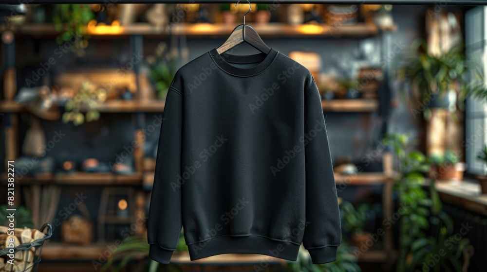 Blank black sweatshirt hanging on hanger in modern clothing store. Mockup template for sweatshirt design Blank black sweatshirt hanging on hanger in modern clothing store. Mockup template for sweatshirt design
