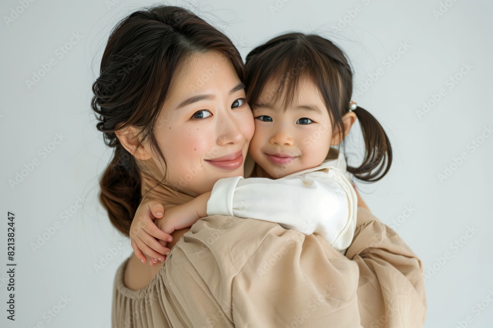 A young Asian woman and her daughter are both smiling. A woman and a child