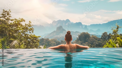 A woman with her hair in a bun relaxes in an infinity pool, overlooking a stunning mountain landscape in serene tranquility.