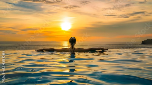 A person relaxes in an infinity pool, gazing at a stunning sunset over the ocean, embodying ultimate relaxation and tranquility.