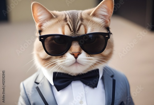 Funny, humorous White cat. Costumed, dress up. comedy, suit, boss. Orange cat. 