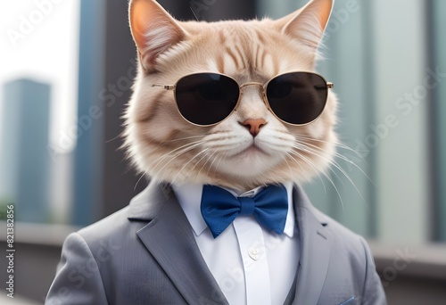 Funny, humorous White cat. Costumed, dress up. comedy, suit, boss. Orange cat.   © Gia