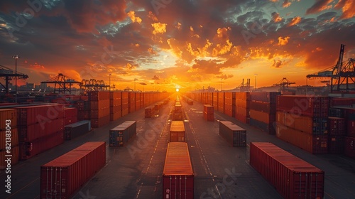 Sunset view of a bustling industrial shipping port with colorful stacked cargo containers and massive cranes under a dramatic sky