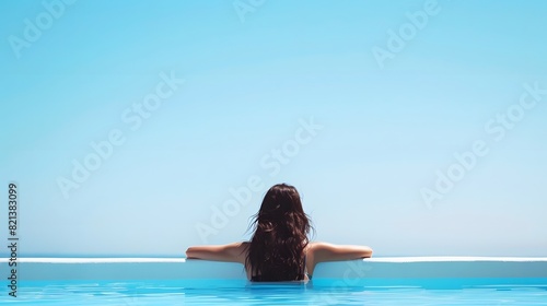A woman relaxes in an infinity pool overlooking the serene  clear blue sky  capturing the essence of tranquility and summer vacation.