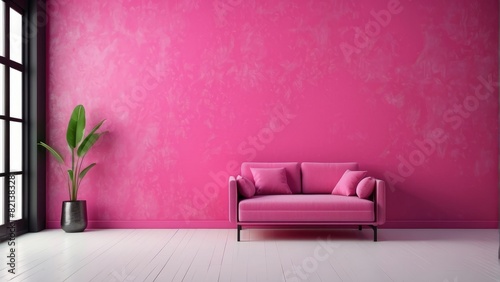 Modern style home interior chair and hot pink living room and empty wall texture background