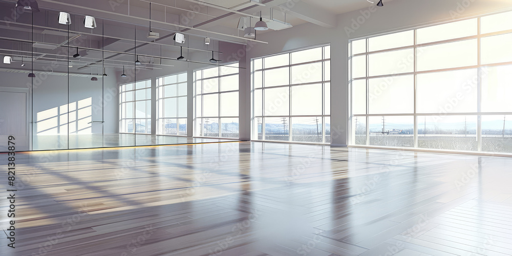 Empty Interior of dance or fitness studio hall with mirrors, windows. Copy space mockup background. Empty Interior of dance or fitness studio hall with mirrors, windows. Copy space mockup background.