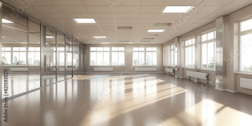 Empty Interior of dance or fitness studio hall with mirrors  windows. Copy space mockup background.