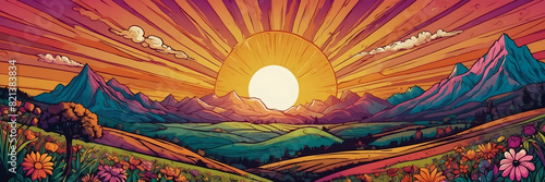 Colorful comic book style landscape featuring a majestic sunset behind mountain peaks