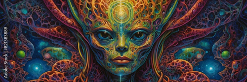 A highly detailed and colorful psychedelic representation of an alien face with intricate patterns