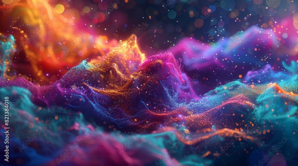 An intermingling of vibrant hues and glittering particles creating a mesmerizing representation of quantum foam.