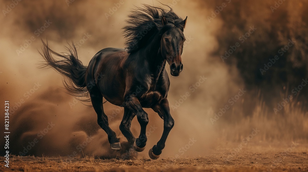 Powerful Black Horse Galloping Through Dusty Terrain Powerful Black Horse Galloping Through Dusty Terrain