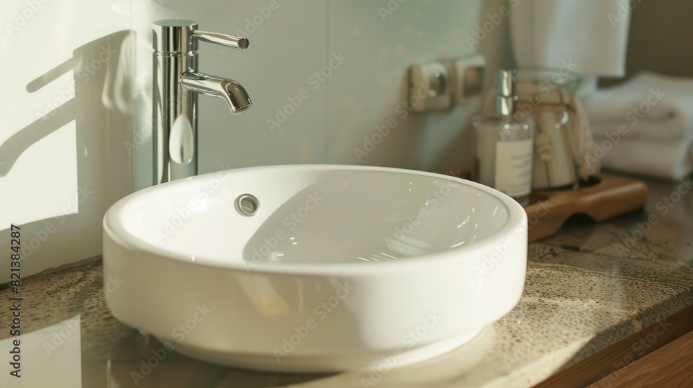 Round white ceramic sink on granite wall countertop. generative ai Round white ceramic sink on granite wall countertop. generative ai
