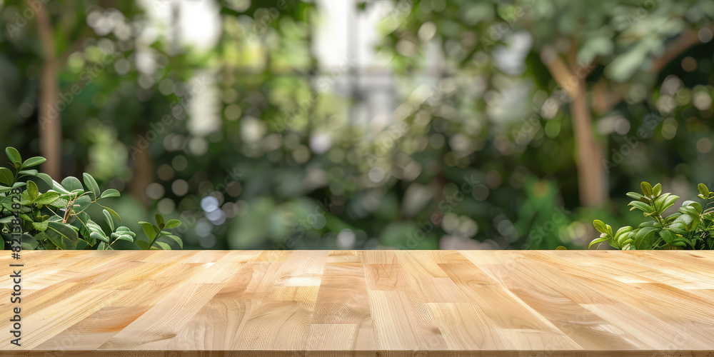 Empty wooden table top with different green plants leaves background. Table counter mockup with copy space for product advertising. 