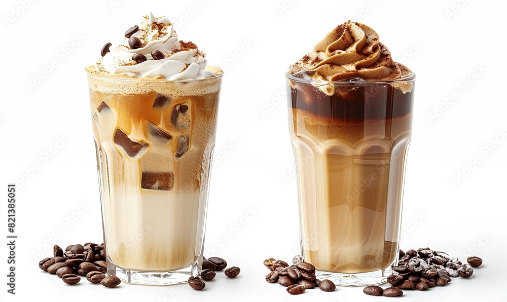 Set of black iced coffee and latte with milk in a tall glass on a white background Set of black iced coffee and latte with milk in a tall glass on a white background