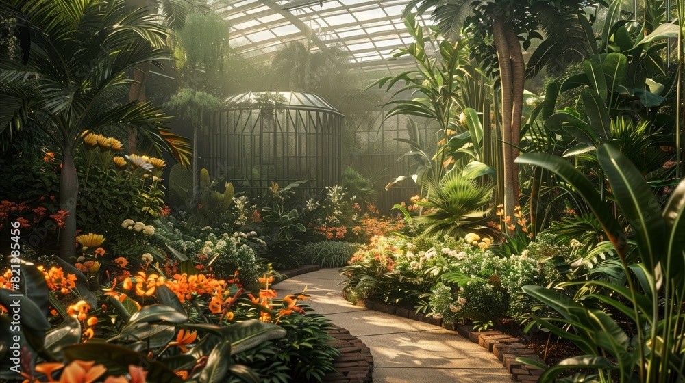 Tropical botanical garden with a variety of exotic plants, flowers, and a greenhouse