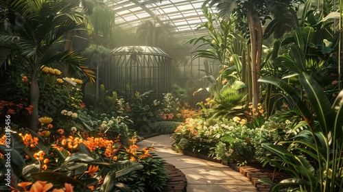 Tropical botanical garden with a variety of exotic plants  flowers  and a greenhouse