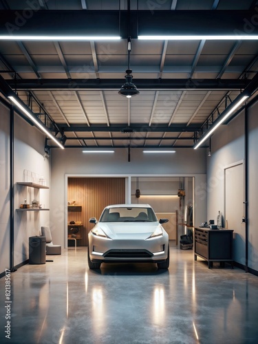 White Car Parked in Spacious Garage. Generative AI © Роман Заворотный