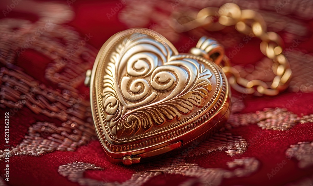 Beautiful gold medallion in the shape of a heart on a red surface. Valentine's Day background Beautiful gold medallion in the shape of a heart on a red surface. Valentine's Day background