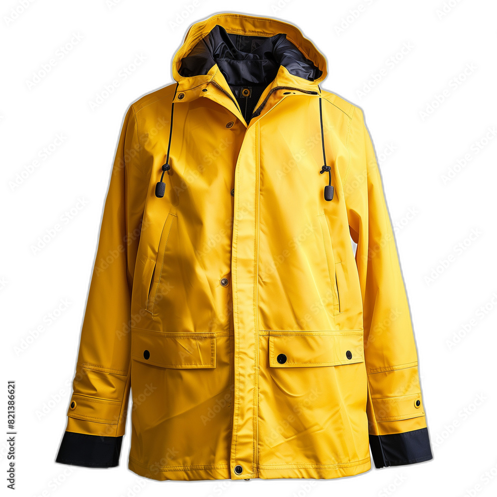 A vibrant photograph features a person in a yellow raincoat standing amid a scenic landscape, with a misty background adding a touch of mystery and serenity to the image.