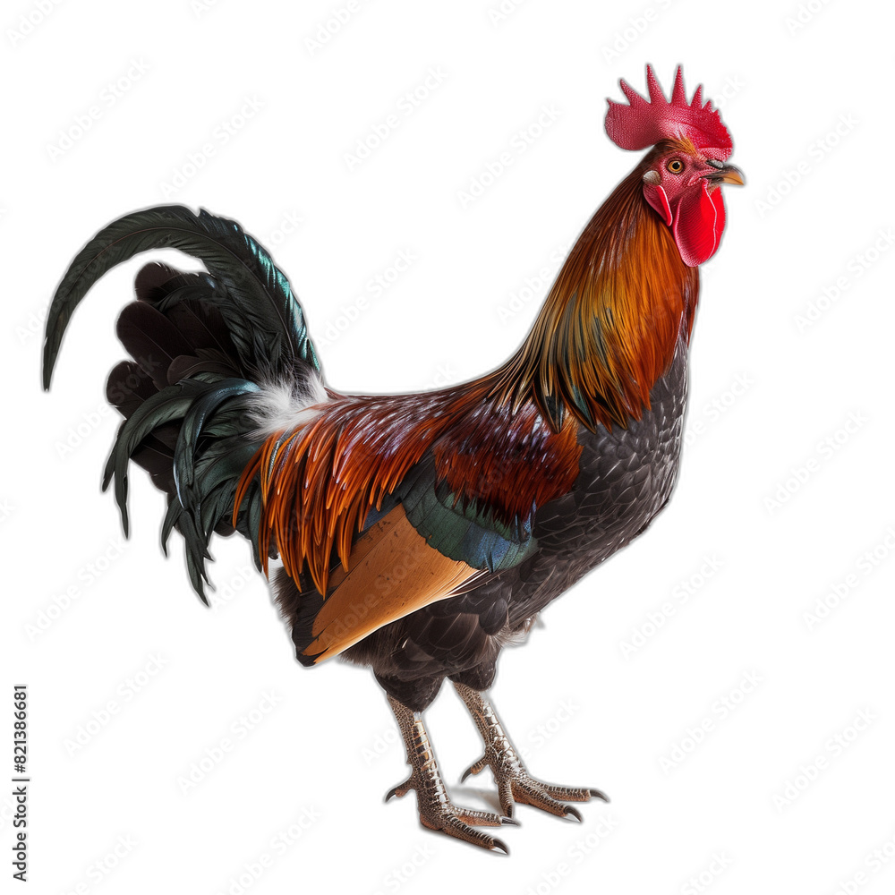 Fototapeta premium A vibrant rooster with stunning plumage stands proudly, displaying its multicolored feathers. The background features a sunrise over a rustic farm, emphasizing the roosters majestic presence.