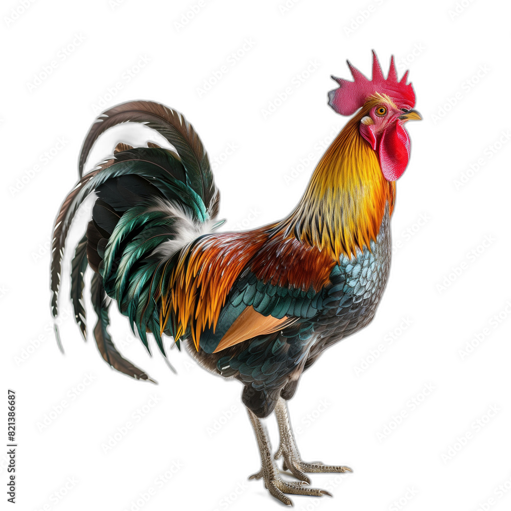 A vibrant rooster stands proudly with multicolored feathers, including red, orange, and green hues, against a rustic farm background, showcasing its majestic plumage and striking presence. A vibrant rooster stands proudly with multicolored feathers, including red, orange, and green hues, against a rustic farm background, showcasing its majestic plumage and striking presence.