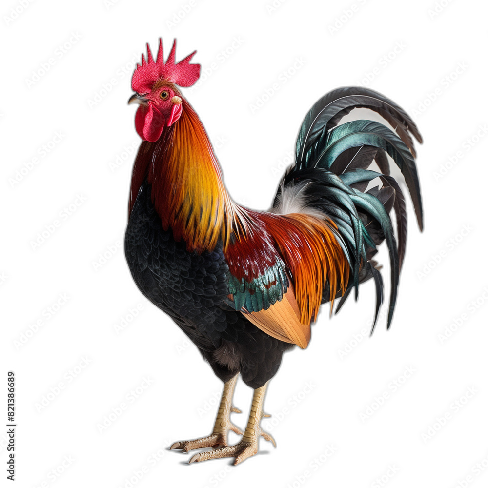 A vibrant rooster with colorful plumage stands proudly, showcasing its dominant red comb and striking feathers. The background is a serene farmyard, filled with greenery and rustic charm.