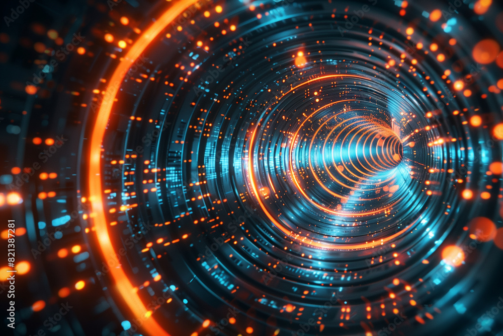 A high-tech tunnel with glowing neon data streams in blue and orange. Fast-moving data and intricate digital pathways enhance the futuristic design against a dark background A high-tech tunnel with glowing neon data streams in blue and orange. Fast-moving data and intricate digital pathways enhance the futuristic design against a dark background