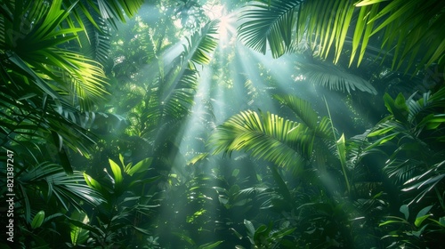 Tropical rainforest canopy with sun rays filtering through the leaves  creating dappled light