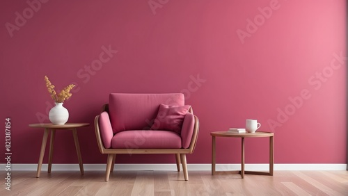 chair and wood side table against empty Raspberry color wall background