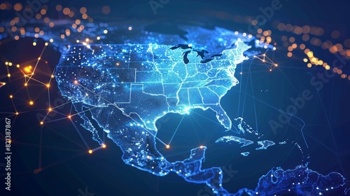 Abstract digital map of America, concept of American global network and connectivity.