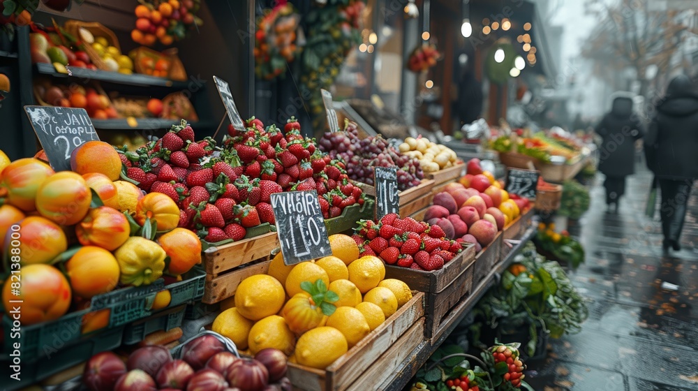 A vibrant farmer's market on a foggy day featuring an array of colorful fruits and vegetables including strawberries, lemons, and apples displayed in wooden crates A vibrant farmer's market on a foggy day featuring an array of colorful fruits and vegetables including strawberries, lemons, and apples displayed in wooden crates