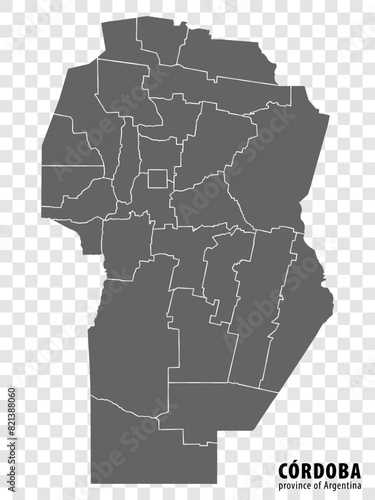 Blank map Cordoba Province of Argentina. High quality map Province of Cordoba with districts on transparent background for your web site design, logo, app, UI. Argentine Republic.  EPS10.