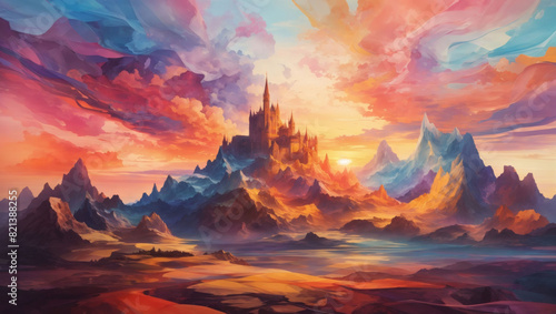 An abstract landscape with a majestic kingdom at sunset  featuring vibrant colors and ethereal beauty.