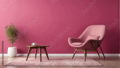 chair and wood side table against empty Raspberry color wall background