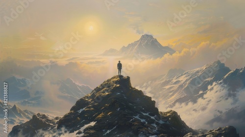 Man standing on a mountain peak at sunset © Gulkhanim