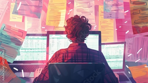 Man working on a laptop with a messy desk