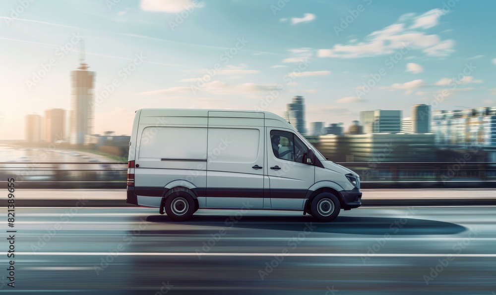 A white delivery van speeds on a busy urban highway during the day. Skyscrapers and buildings create the cityscape in the background as the van navigates through the citys streets A white delivery van speeds on a busy urban highway during the day. Skyscrapers and buildings create the cityscape in the background as the van navigates through the citys streets