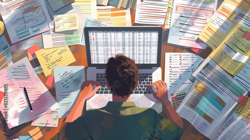 Man working on a laptop with a messy desk