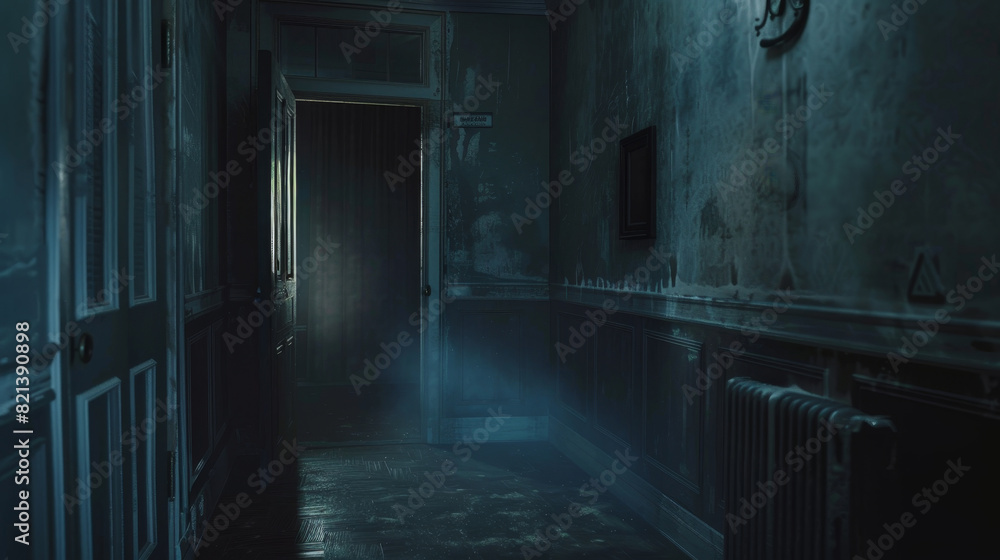 Dark spooky corridor with mysterious lighting - An eerie, dimly-lit corridor with open doors, invoking feelings of suspense and mystery Dark spooky corridor with mysterious lighting - An eerie, dimly-lit corridor with open doors, invoking feelings of suspense and mystery