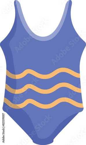 Flat design vector of a stylish blue onepiece swimsuit with yellow stripes, perfect for summer graphics