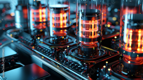 A close up of a circuit board with many glowing tubes