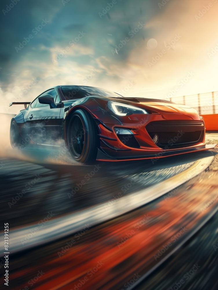Obraz premium Sport Car Racing on race track, Car wheel drifting