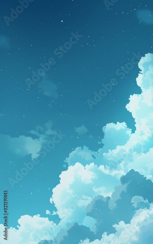 Starry night sky with clouds digital illustration - Calm night sky digital artwork with stars peeking through fluffy clouds, invoking a dreamy feel © Tida
