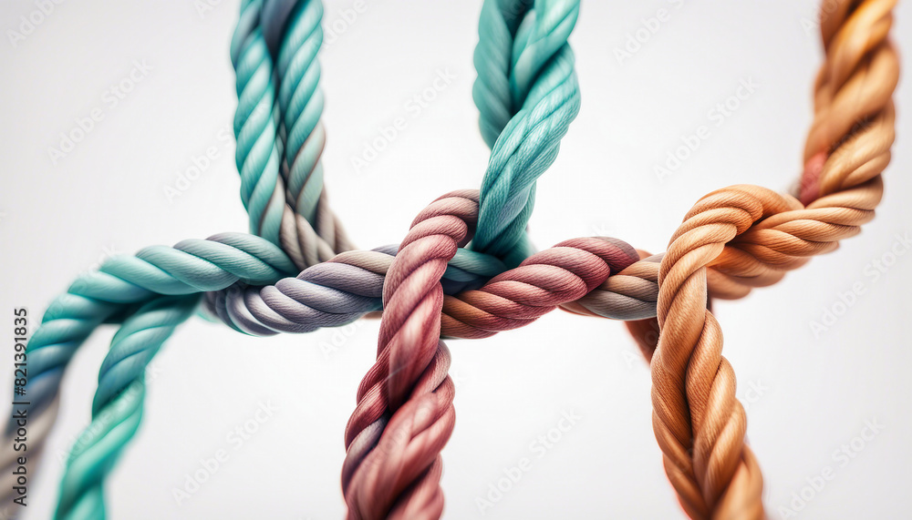 colored ropes tied symmetrically to each other, isolated white background, successful merger concept
colored ropes tied symmetrically to each other, isolated white background, successful merger concept