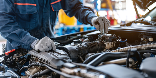 Routine annual inspection of car engine by mechanic at auto repair shop
