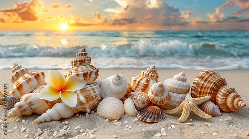  A picturesque scene of seashells, flowers, and an expansive skyline on a serene beach near the ocean