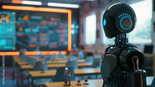 A robot is standing in front of a classroom with a computer monitor on the wall