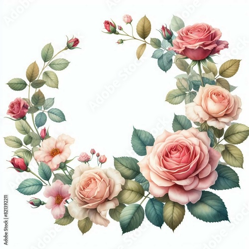 Roses flower frame border with copy space in watercolor style isolated on white background, ready for element design